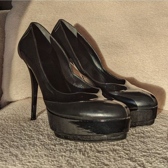 Gucci Black Prism Petro Patent Leather Wimbledon Platform Stilleto Heels - Picture 2 of 12